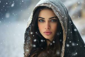 Ai generated portrait of beautiful young woman standing under the snow at winter time photo