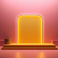Stage, podium, empty pedestal for displaying objects and advertising goods, yellow, pink, glossy. Generative AI photo