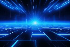 Abstract neon blue background, cyber space, parallel universe, lines, stripes, glow. AI generated photo
