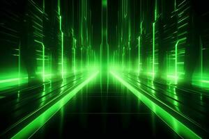 Abstract neon green background, cyber space, parallel universe, lines, stripes, glow. Generative AI photo