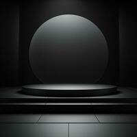 Stage, podium, empty pedestal for displaying objects and advertising goods, pink, black, round, square, glow. Generative AI photo