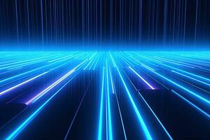 Abstract neon blue background, cyber space, parallel universe, lines, stripes, glow. AI generated photo