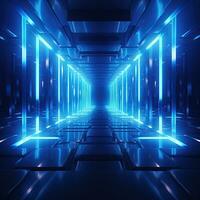 Abstract neon blue background, cyber space, parallel universe, lines, stripes, glow. AI generated photo