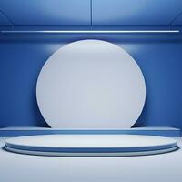 Minimalistic blue podium, stage, product display pedestal, empty, glossy, round. Generative AI photo