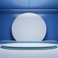 Minimalistic blue podium, stage, product display pedestal, empty, glossy, round. Generative AI photo