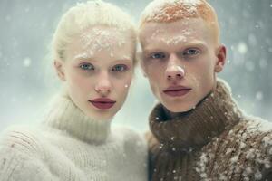 ai generado retrato de hermosa sonriente joven Pareja hombre y mujer en pie debajo nevando foto