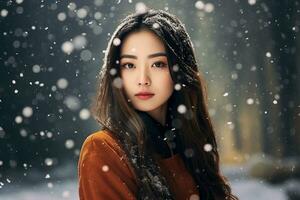 Ai generated portrait of beautiful young woman standing under the snow at winter time photo