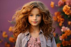Ai generated studio portrait of cutle little curly ginger girl on different colours background photo