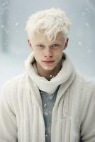 Ai generated portrait of beautiful smiling young albino man standing under snowing photo