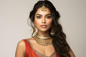 ai generado estudio retrato de hermosa indio mujer en casual y nacional vestir en diferente colores antecedentes foto
