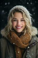 Ai generated portrait of beautiful young woman standing under the snow at winter time photo