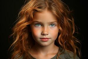 Ai generated studio portrait of cutle little curly ginger girl on different colours background photo