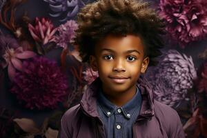 ai generado estudio retrato de linda pequeño africano chico en diferente color fondos foto