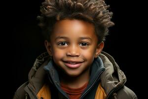 Ai generated studio portrait of cute little african boy on different colour backgrpounds photo