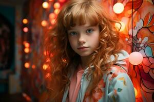 Ai generated studio portrait of cutle little curly ginger girl on different colours background photo