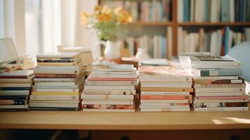 organizado leyendo deleite libros en un limpiar mesa foto