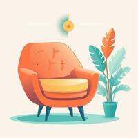 Bright interior illustration, modern armchair in flat style. Generative AI photo