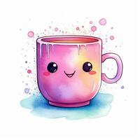 Cute watercolor illustration of a mug in kawaii style. Generative AI photo