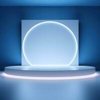 Shiny simple blue pedestal, stage, podium, empty space. Generative AI photo