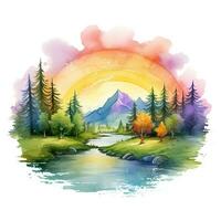 Bright watercolor landscape, rainbow nature illustration, forest, mountains, trees. Generative AI photo