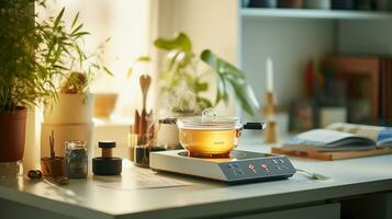 eficiente Cocinando con un encimera caliente plato en tu cocina mesa foto