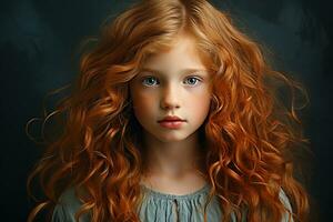 Ai generated studio portrait of cutle little curly ginger girl on different colours background photo