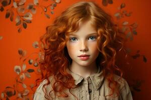 ai generado estudio retrato de cutle pequeño Rizado jengibre niña en diferente colores antecedentes foto