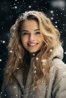 Ai generated portrait of beautiful young woman standing under the snow at winter time photo