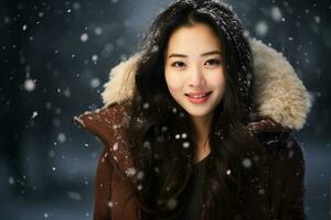 ai generado retrato de hermosa joven mujer en pie debajo el nieve a invierno hora foto