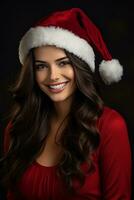 ai generado retrato de hermosa sonriente mujer en Papa Noel claus vistiendo foto