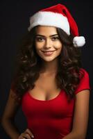 Ai generated portrait of beautiful smiling woman in santa claus wearing photo