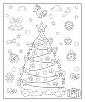 Coloring page of a decorated Christmas tree with gifts. Vector black and white illustration on white background.