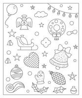 Coloring page of a decorated Christmas tree, shanta claus, ball, bell, snowman and gifts. Vector black and white illustration on white background.