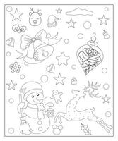 Coloring page of a decorated Christmas tree with gifts. Vector black and white illustration on white background.