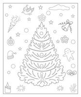 Coloring page of a decorated Christmas tree with gifts. Vector black and white illustration on white background.