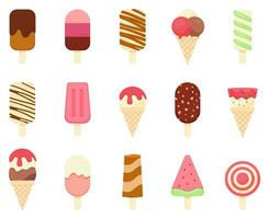 ice cream, colorful ice cream cones and popsicles, summer desserts collection, frozen dessert, different types of ice cream, icon menu. vector illustration