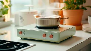 eficiente Cocinando con un encimera caliente plato en tu cocina mesa foto