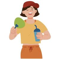 retrato joven mujer yendo picnic en verano sensación caliente trayendo vaso y mano ventilador ilustración vector