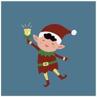 Cute elf in red costume and hat ringing Christmas holiday bell vector illustration