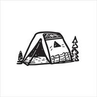 Escape to the great outdoors with this black and white doodle of a tourist tent. Embrace the call of adventure and the beauty of nature. Vector illustration of the tourist tent with trees.