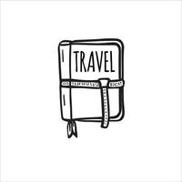 Uncover stories of exploration with this black and white doodle of a vintage travel journal. Let its pages unfold memories of wanderlust. Vector black and white illustration.