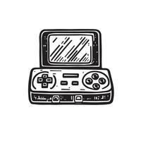 Rediscover the magic of gaming with this black and white doodle of a vintage game console. Timeless fun awaits with every pixel adventure. Vector illustration.