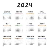 Cute minimal calendar template for 2024 year with weeks starts on Monday. Calendar grid with funky font for kids nursery, corporate office, stationery. Vertical monthly calender layout for planning vector