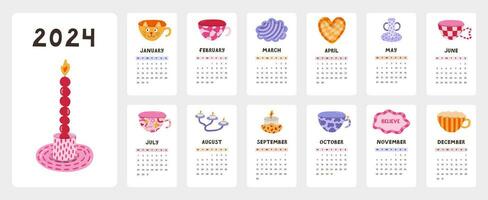 linda calendario modelo para 2024 año con creativo ilustraciones con mano hecho cerámica. calendario cuadrícula con semanas empieza en lunes para niños guardería. vertical mensual calandrar diseño para planificación. vector