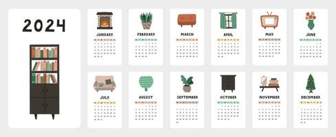 Cute calendar template for 2024 year with cozy illustrations of home interior. Calendar grid with weeks starts on Monday for nursery or office. Vertical monthly calender layout for planning. vector