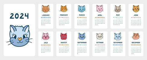 Cute calendar template for 2024 year with creative illustrations of cat faces. Calendar grid with weeks starts on Monday for kids nursery or office. Vertical monthly calender layout for planning. vector