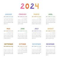 Cute minimal calendar template for 2024 year with weeks starts on Monday. Calendar grid with funky font for kids nursery, corporate office, stationery. Vertical monthly calender layout for planning vector