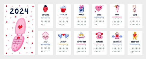 linda calendario modelo para 2024 año con creativo romántico ilustraciones. calendario cuadrícula con semanas empieza en lunes para niños guardería, corporativo diseño. vertical mensual calandrar diseño para planificación. vector