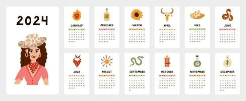 Cute calendar template for 2024 year with creative western and cowgirl illustrations. Calendar grid with weeks starts on Monday for kids nursery, office. Vertical monthly calender layout for planning. vector