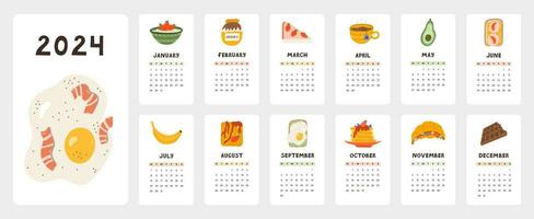 Cute calendar template for 2024 year with creative illustrations of food for breakfast. Calendar grid with weeks starts on Monday for nursery or office. Vertical monthly calender layout for planning. vector